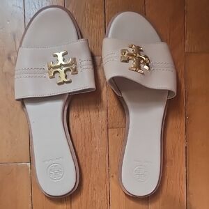Tory Burch Beige Slide Sandals with Gold Logo
